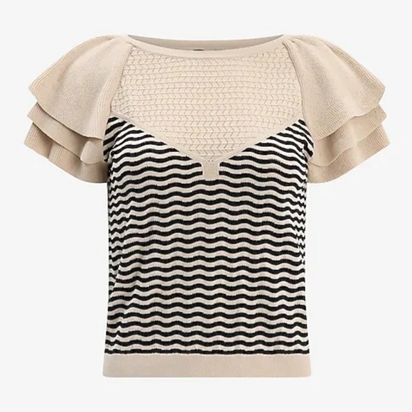 Express Striped Ruffle Flutter Sleeve Knit Top Sweater Black Sandshell Beige XS - Picture 3 of 13